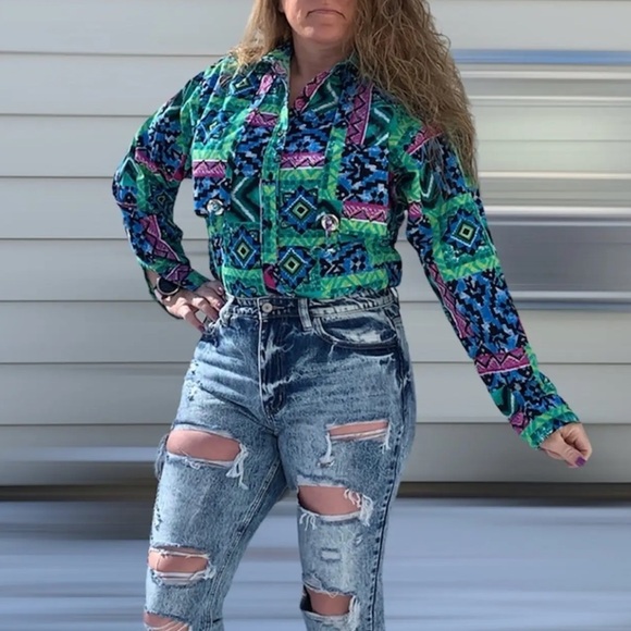 Vintage Frontier Series Aztec Western Button Front Shirt Size Large - Picture 1 of 7